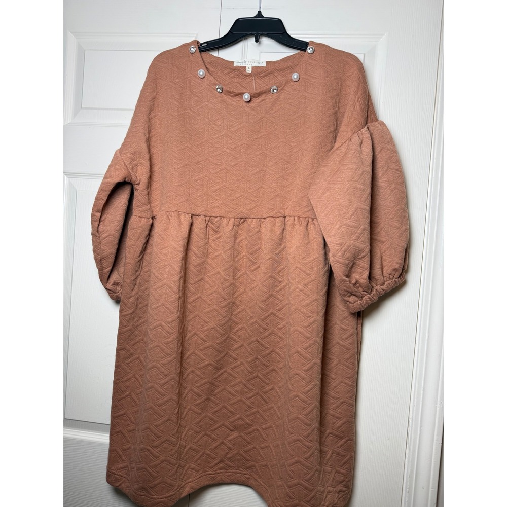 Simply Southern Mocha Quilted Puff Sleeve Babydoll Dress Pearl Rhinestone Large